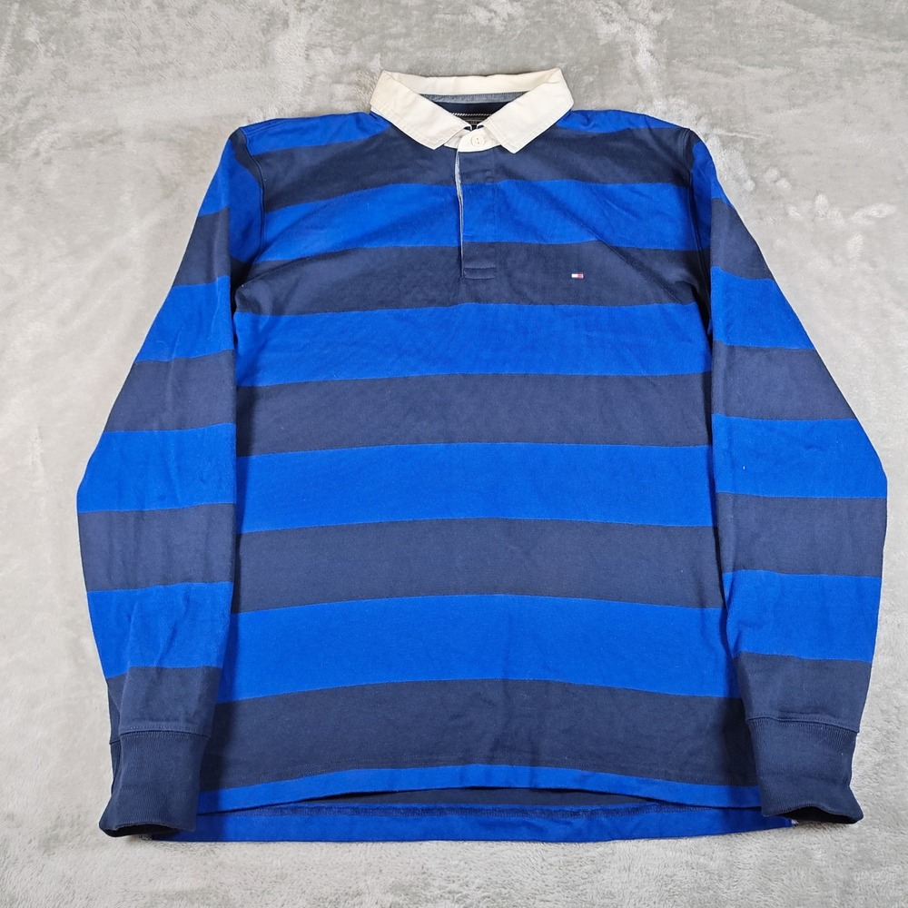 Tommy Hilfiger Rugby Shirt Mens XXL Blue Striped Vintage Fit Long Sleeve Preppy